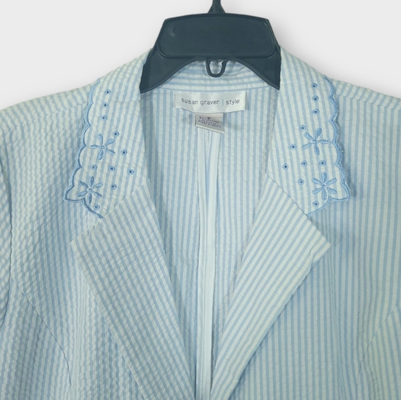 Susan Graver Size Medium Blue & White Striped Grannycore Coastal Eyelet Blazer - Picture 2 of 7